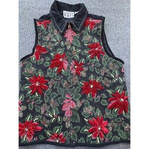 Keren Hart‎ Vest Womens Small Black Poinsettia Holly Corduroy Full Zip Vintage